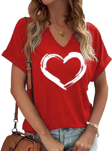 Heart Shirt - Earlymemb Womens Lover Heart Graphic V Neck Shirt Valentines Day Funny Couple Matching Casual Short Sleeve Gift Tee Tops A-red-3