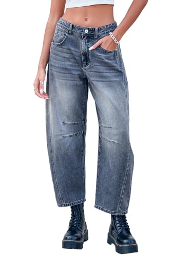 Rfm Jeans - Mid Rise Barrel Jeans for Women Wide Leg Mid Waist Cropped Denim Pants Y2k Baggy Boyfriend Jeans with Pockets Archive Grey