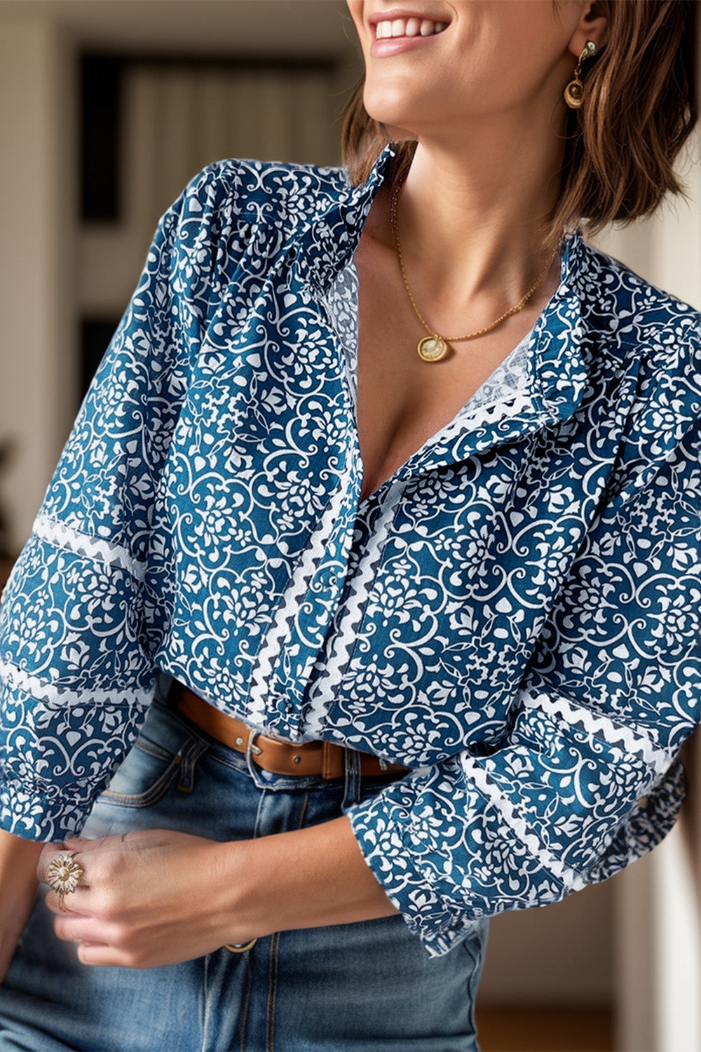 Printed Mock Neck Long Sleeve Blouse Peacock Blue