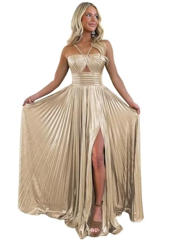 Radiant Metallic Gown - UZN Sparkly Satin Prom Dresses Long Spaghetti Straps Keyhole with Split Formal Party Gowns