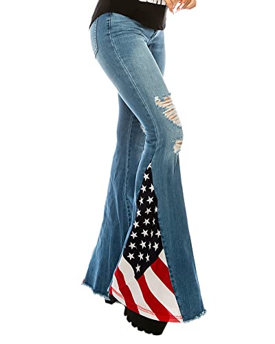 American Flag Pants - Womens Ripped American Flag Bell Bottom Jeans High Waisted Frayed Raw Hem Casual Slim Denim Pants