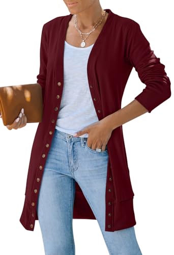 Yellow Cardigan - MEROKEETY Womens 2024 Fall Long Sleeve Snap Button Down Solid Color Knit Ribbed Neckline Cardigans Wine