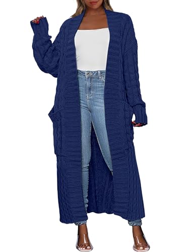 Yellow Cardigan - Caracilia Womens Long Cardigan Sweaters 2024 Fall Open Front Coat Long Sleeve Cable Knit Maxi Outerwear Trendy Jacket Clothes Navy Blue