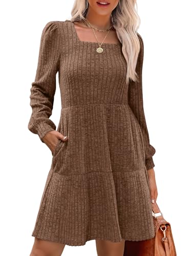 Christmas Green Dress - SAMPEEL Womens Square Neck Long Sleeve Fall Dresses Casual Babydoll Sweater Dress Pretty Chocolate