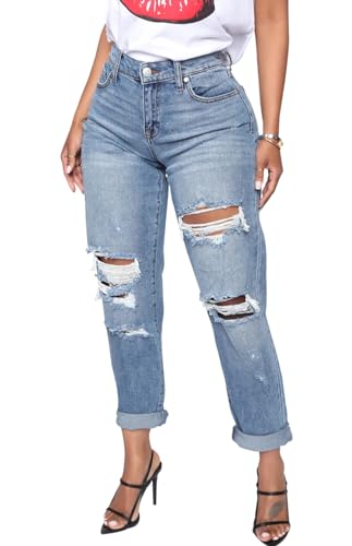 Rfm Jeans - SheKiss Boyfriend Stretchy Jeans for Women Distressed Frayed High Waisted Trendy Denim Blue Jeans Distressed Denim Jeans 764