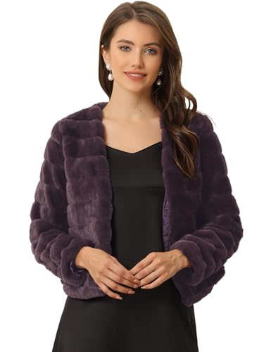 Hot Pink Fur Coat - Allegra K Womens Winter Warm Cropped Jacket Collarless Faux Fur Fluffy Coat Dark Purple