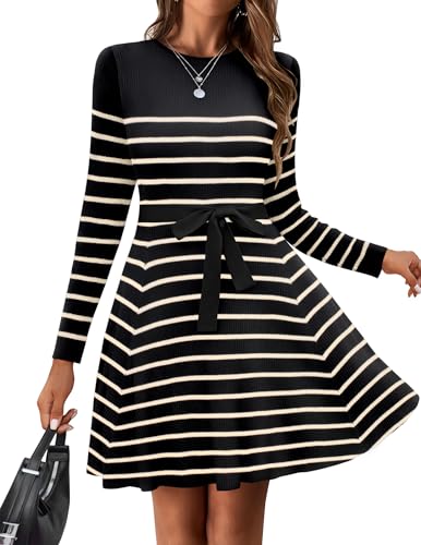 HOTOUCH Womens Fall Winter Casual Dress Crewneck Long Sleeve ALine Sweater Dress Bodycon Ribbed Knit Dress with Belt Black and Khaki