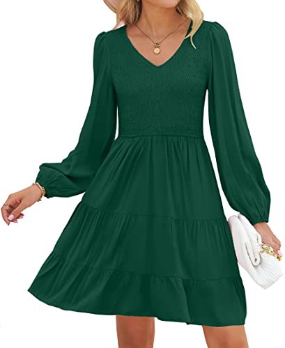 ZESICA Womens Casual V Neck Long Sleeve Smocked High Waist Ruffle A Line Tiered Mini Dress Darkgreen