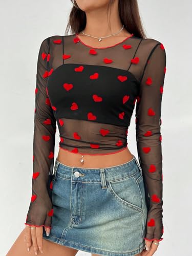 Heart Shirt - Floerns Womens Heart Print Sheer See Through Crewneck Long Sleeve Crop Tee Shirts