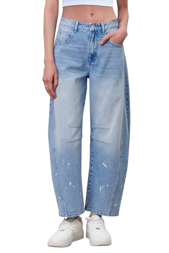 Rfm Jeans - Mid Rise Barrel Jeans for Women Wide Leg Mid Waist Cropped Denim Pants Y2k Baggy Boyfriend Jeans with Pockets Blue Tides