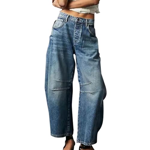 Rfm Jeans - Barrel Jeans Women Mid Rise Baggy Jeans Vintage Wide Leg Cropped Jeans Y2k Boyfriend Comfy Denim Pants Dark Blue