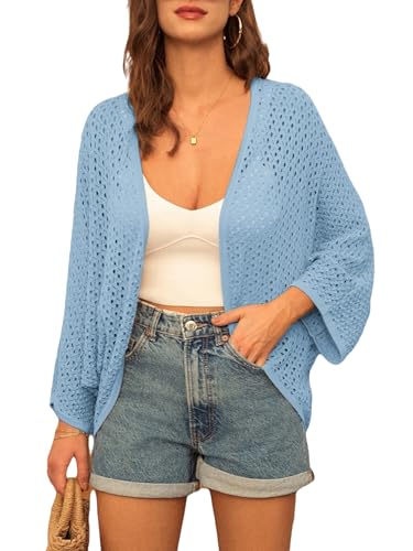 GRACE KARIN Open Front 34 Sleeve Batwing Cardigan for Women Lightweight Crochet Summer Cardigan HollowOut Cover Ups Blue