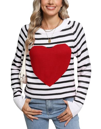 Heart Shirt - shermie Womens Pullover Sweaters Long Sleeve Crew Neck Cute Heart Knitted Casual Sweater F 1989 White&black Stripes