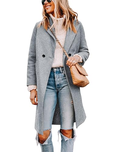 Blue Coat - Tanming Womens Notch Lapel Double Breasted Wool Blend Mid Long Pea Trench Coat Light Grey