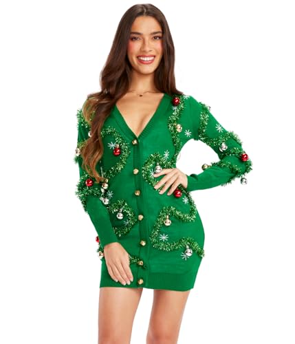 Christmas Green Dress - Tipsy Elves Christmas Sweater Dresses for Women Cute Winter Themed Dresses Instant Holiday Outfits Gaudy Garland (Green)