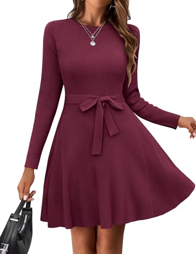 HOTOUCH Womens Fall Winter Casual Dress Crewneck Long Sleeve ALine Sweater Dress Bodycon Ribbed Knit Dress with Belt Deep Red