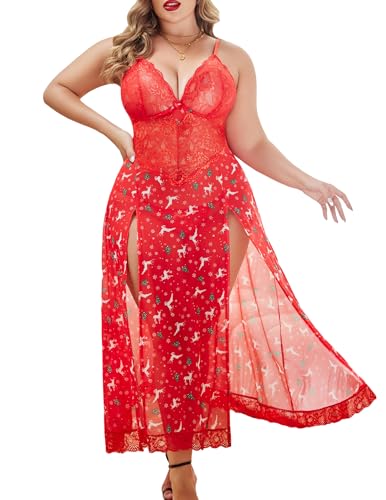 Valentine's Day - Plus Size Lingerie For Women Babydoll Sexy Mesh Maxi Nightdress Strappy Exotic Sleepwear Side Slits