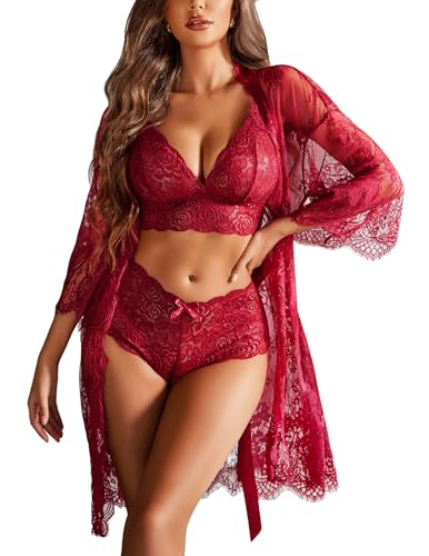 Avidlove Women Sexy Lingerie Set 3 Piece Bra and Panty Sets with Lace Kimono Robe Sleepwear Mesh Nightgown Wine Red