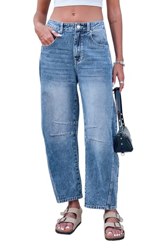 Rfm Jeans - Mid Rise Barrel Jeans for Women Wide Leg Mid Waist Cropped Denim Pants Y2k Baggy Boyfriend Jeans with Pockets Medium Blue