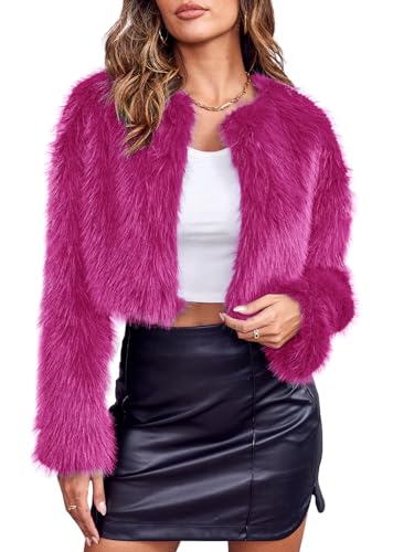 Hot Pink Fur Coat - Danedvi Womens Fashion Cropped Faux Fur Jacket Long Sleeve Open Front Cardigan Casual Fluffy Parka Shaggy Short Coat Rose Red