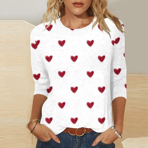 Heart Shirt - Valentines Day Shirts for Women Aesthetic Cute Love Heart Print TShirt 34 Length Sleeve Tunic Tops Cotton Pullovers