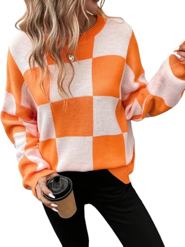 Orange and White Checkered Sweater - GORGLITTER Womens Argyle Checkered Sweater Plaid Long Sleeve Fall Knit Sweater Pullover Tops