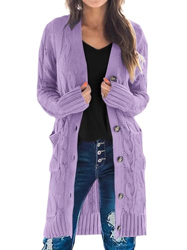 Yellow Cardigan - PRETTYGARDEN Long Sleeve Cable Knit Long Cardigan for Women 2024 Fall Winter Chunky Open Front Button Sweaters with Pockets Purple