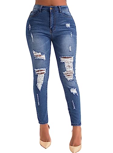 Rfm Jeans - SheKiss Boyfriend Stretchy Jeans for Women Distressed Frayed High Waisted Trendy Denim Blue Jeans Blue706