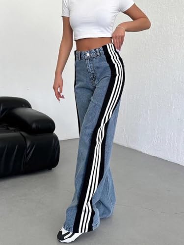 Rfm Jeans - Angsuttc Womens Jeans with Patchwork Stripes High Waist Loose Denim Color Block Jean Straight Wide Leg Pants