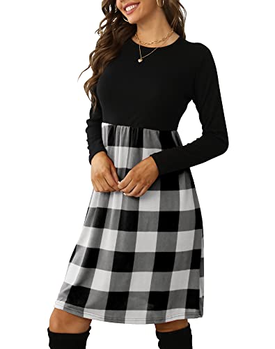 Christmas Green Dress - PALINDA Womens Plaid Long Sleeve Empire Waist Pleated Loose Swing Casual Flare Midi Dress with Belt