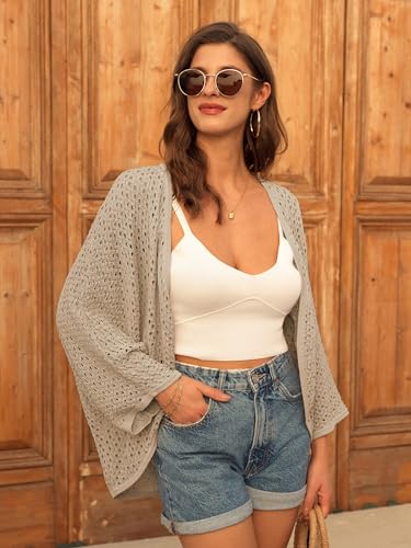 GRACE KARIN Open Front 34 Sleeve Batwing Cardigan for Women Lightweight Crochet Summer Cardigan HollowOut Cover Ups