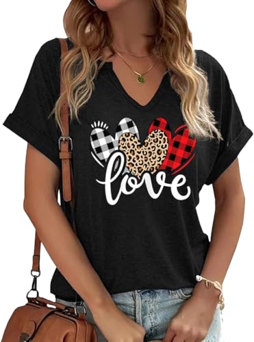 Heart Shirt - Earlymemb Womens Lover Heart Graphic V Neck Shirt Valentines Day Funny Couple Matching Casual Short Sleeve Gift Tee Tops B-black-4