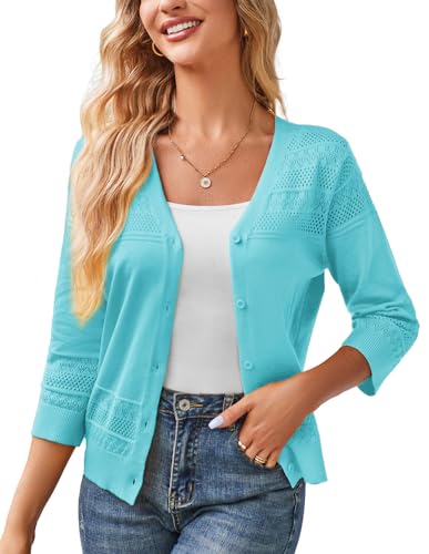 GRACE KARIN Womens 2024 Cropped Cardigan 34 Sleeve Lightweight Crochet Shrug HollowedOut Knit Sweater Tops Aqua Blue Small