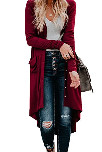 Alaster Queen Womens Open Front Cardigan Button Down High Low Hem Knitted Cardigan Outwear with Pockets Burgundy