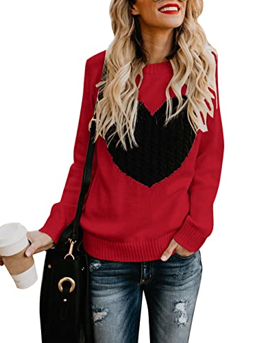 Heart Shirt - shermie Womens Pullover Sweaters Long Sleeve Crew Neck Cute Heart Knitted Casual Sweater A Red