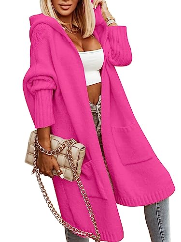 Blue Coat - Aoysky Womens Long Cardigans Cable Knitted Open Front Oversized Hooded Outerwear Sweater Coat Hot Pink