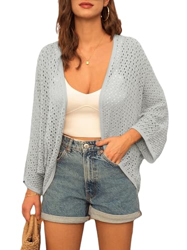 GRACE KARIN Open Front 34 Sleeve Batwing Cardigan for Women Lightweight Crochet Summer Cardigan HollowOut Cover Ups Light Gray