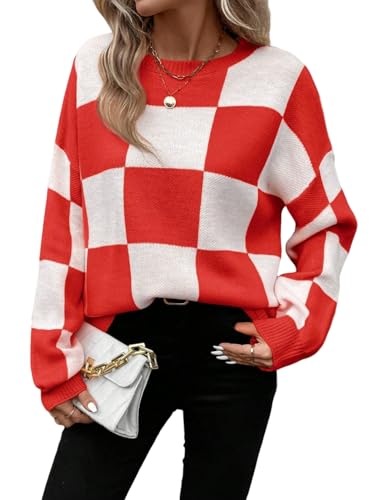 Orange and White Checkered Sweater - GORGLITTER Womens Argyle Checkered Sweater Plaid Long Sleeve Fall Knit Sweater Pullover Tops Red and White