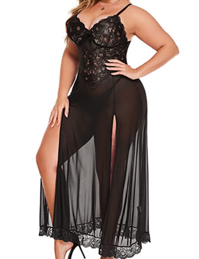 Valentine's Day - Plus Size Lingerie For Women Babydoll Sexy Mesh Maxi Nightdress Strappy Exotic Sleepwear Side Slits Black Large