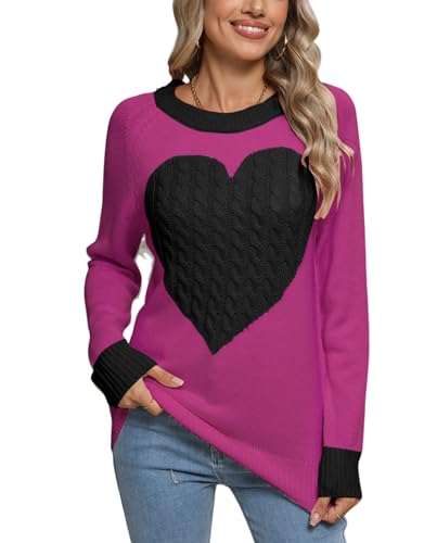 Heart Shirt - shermie Womens Pullover Sweaters Long Sleeve Crew Neck Cute Heart Knitted Casual Sweater E 1988 Rose Red&black