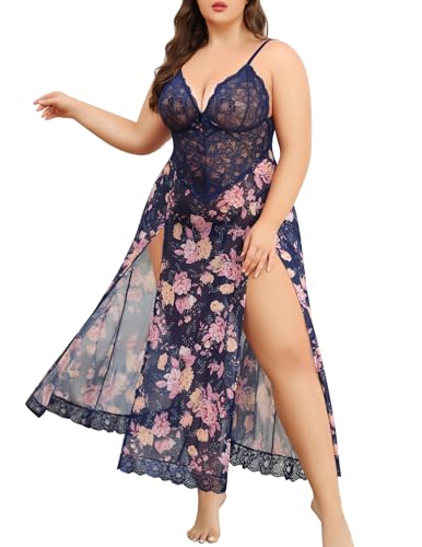 Valentine's Day - Plus Size Lingerie For Women Babydoll Sexy Mesh Maxi Nightdress Strappy Exotic Sleepwear Side Slits Floral Navy