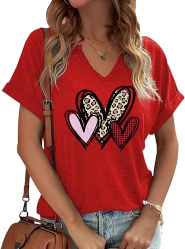 Heart Shirt - Earlymemb Womens Lover Heart Graphic V Neck Shirt Valentines Day Funny Couple Matching Casual Short Sleeve Gift Tee Tops A-red-10