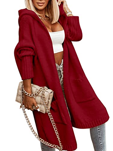 Blue Coat - Aoysky Womens Long Cardigans Cable Knitted Open Front Oversized Hooded Outerwear Sweater Coat Red