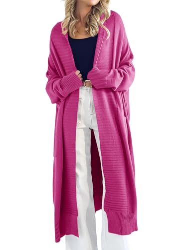 Danedvi Womens Long Cardigan Sweaters 2024 Fall Chunky Knit Oversized Slouchy Open Front Warm Coats with Pockets Rose Red