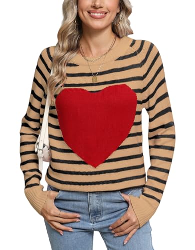 Heart Shirt - shermie Womens Pullover Sweaters Long Sleeve Crew Neck Cute Heart Knitted Casual Sweater F 1989 Khaki&black Stripes