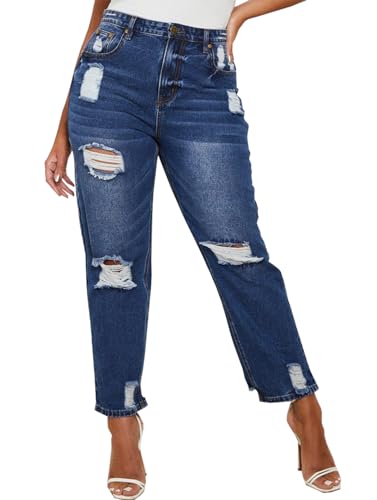 Rfm Jeans - SheKiss Boyfriend Stretchy Jeans for Women Distressed Frayed High Waisted Trendy Denim Blue Jeans High Waisted Mom Jeans 768