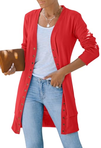 Yellow Cardigan - MEROKEETY Womens 2024 Fall Long Sleeve Snap Button Down Solid Color Knit Ribbed Neckline Cardigans Red