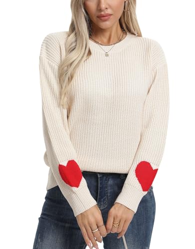 Heart Shirt - shermie Womens Cute Heart Pattern Elbow Patchwork Knitted Sweaters Long Sleeve Crew Neck Casual Pullover V-beige