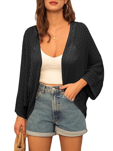 GRACE KARIN Open Front 34 Sleeve Batwing Cardigan for Women Lightweight Crochet Summer Cardigan HollowOut Cover Ups Black