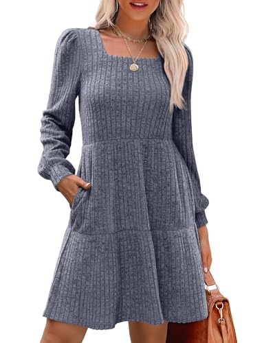 Christmas Green Dress - SAMPEEL Womens Square Neck Long Sleeve Fall Dresses Casual Babydoll Sweater Dress Grey Blue